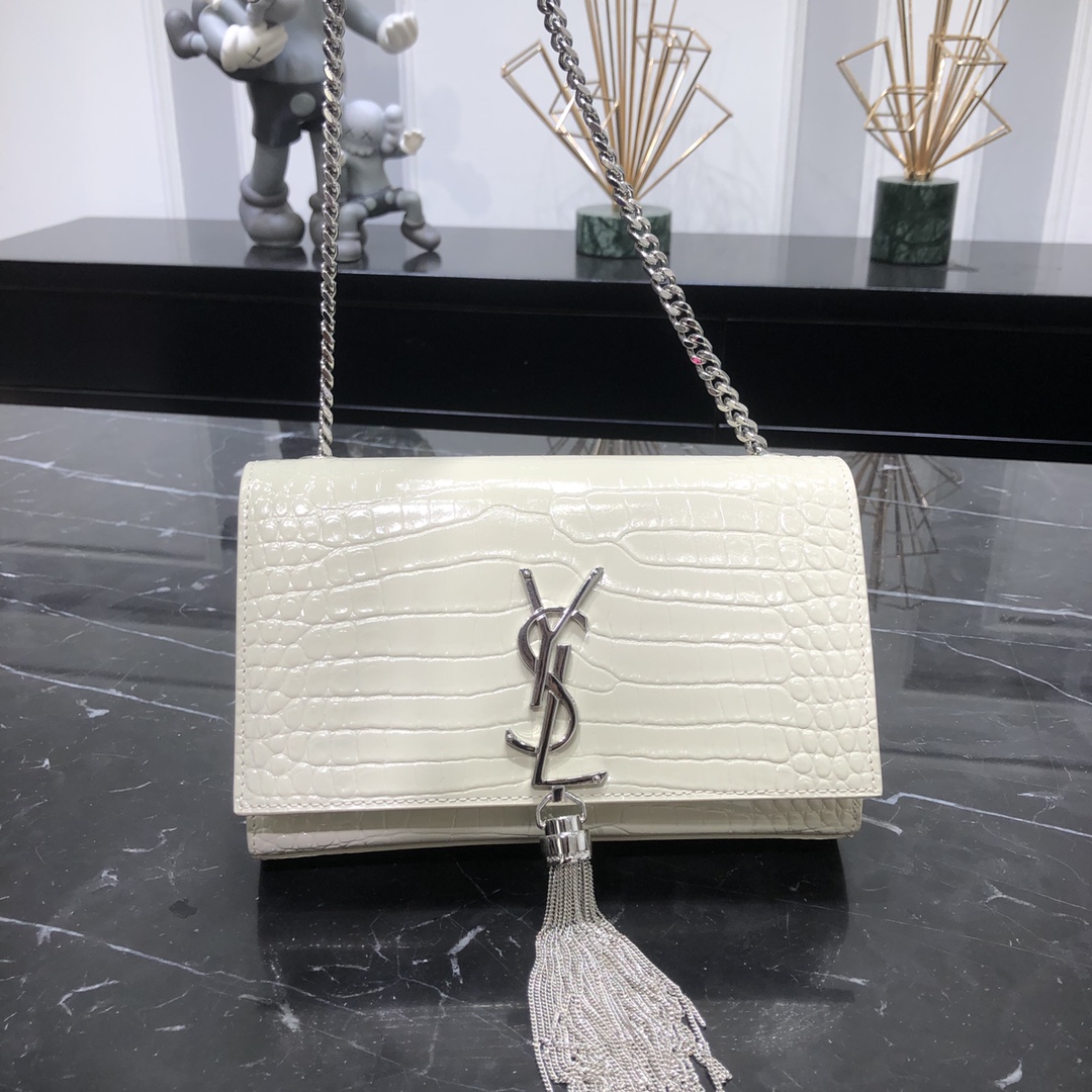 Saint Laurent Kate Tassel Small Crocodile Embossed Calfskin Shoulder Bag Handbag White 474366 Silver